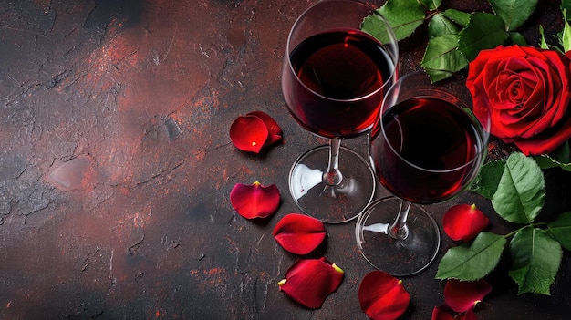 Fondo de vino y corazón de rosa de San Valentín