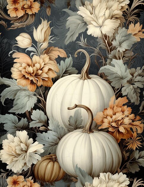 Fondo vintage de Halloween de otoño con flores y calabazas