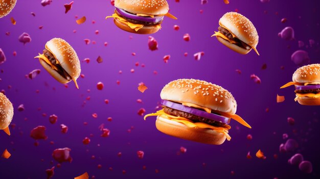 Fondo violeta con hamburguesas