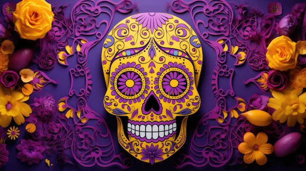 un fondo violeta vibrante con una calavera de azúcar dorada en el centro