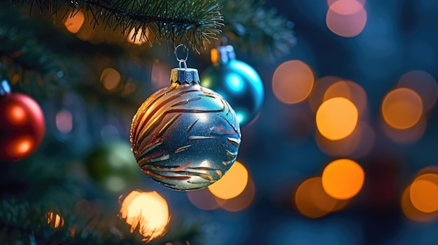 Fondo de la víspera de Navidad y Año Nuevo Close up de una hermosa pelota en el árbol de Navidad decorado con luces borrosas en el fondo