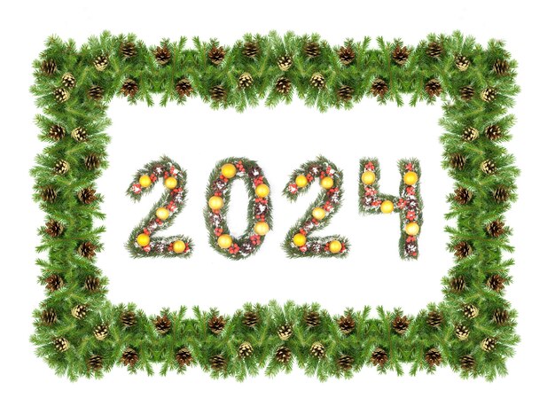 El fondo de la víspera de Navidad y el número 2024 hechos por ramas de árboles de Navidad aisladas en un fondo blanco