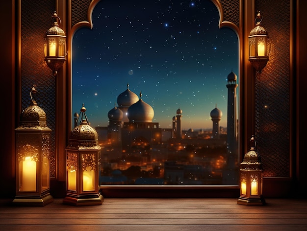 Fondo de vista nocturna realista de Ramadan Kareem con borde de estilo árabe y linternas