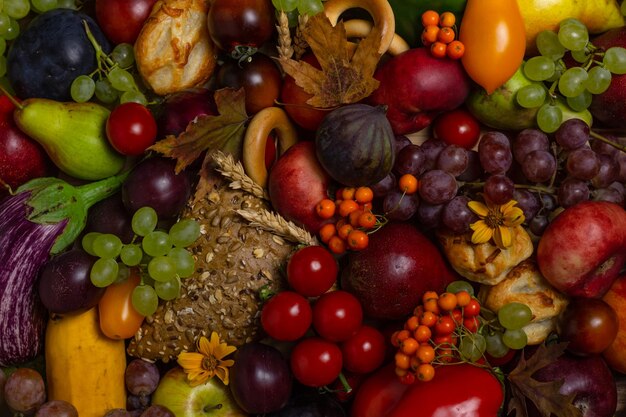 Foto fondo de la vista superior del festival de cosecha de frutas y verduras de acción de gracias