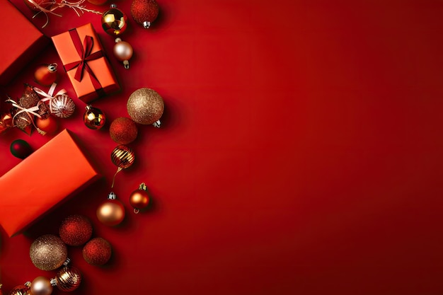 Fondo de vista superior con temas navideños con cajas de regalo rollos de papel de cuerda y decoraciones rojas