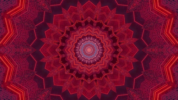 Fondo visual de ilustración 3d con diseño caleidoscópico abstracto en forma de flor en tonos rojos con efecto de luz de neón que crea la ilusión de un fantástico túnel de ciencia ficción