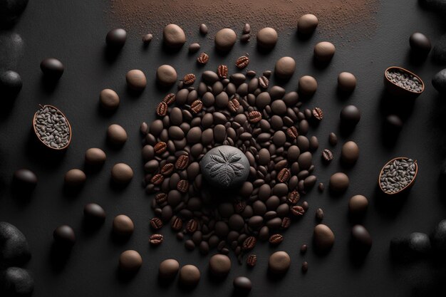 Un fondo de yeso gris y granos de café yacen planos
