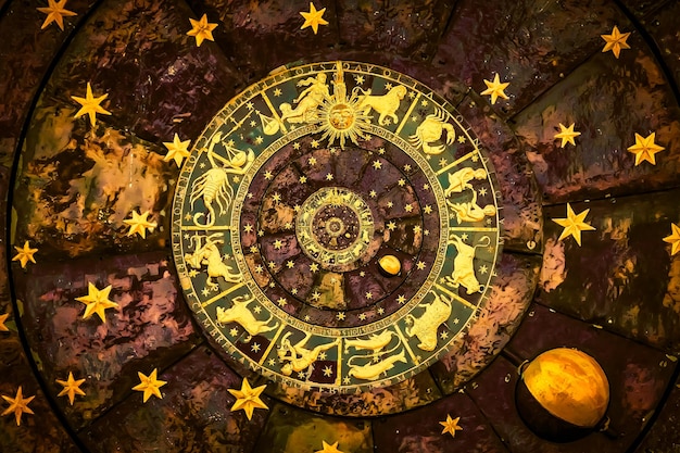 Fondo del zodiaco astrológico Vintage ilustración arte grunge diseño Concepto de destino fortuna esotérico magia misteriosa
