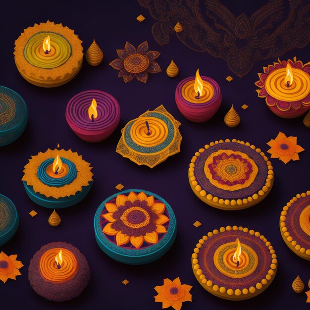 Fondos coloridos adornados con velas, lámparas y dias para pancartas y tarjetas de felicitación de Diwali