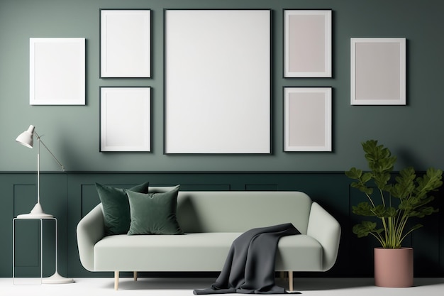Los fondos del marco del afiche incluyen una maqueta monocromática sólida de la pared de la galería, una habitación plana de color verde oscuro con seis marcos en la pared y una habitación con colores pastel