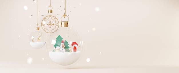 Los fondos navideños decoran con un mínimo tema de evento de Año Nuevo Escena de Feliz Navidad para exhibición de productos banner simulado Bola de cristal dorada en la escena de invierno de Navidad Tarjeta de felicitación año nuevo 3D render