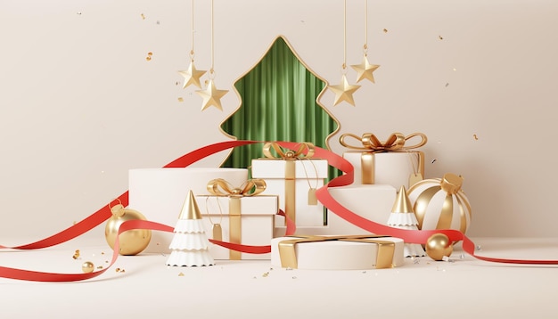 Fondos navideños con plataforma de escenario de podio en un tema mínimo de evento de Año Nuevo Escena de Feliz Navidad para exhibición de productos banner simulado Decoración de pedestal de soporte vacío en escena de invierno de Navidad 3D render