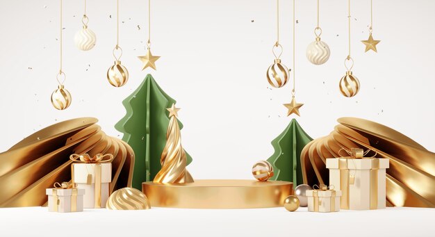 Fondos navideños con plataforma de escenario de podio en un tema mínimo de evento de Año Nuevo Escena de Feliz Navidad para exhibición de productos banner simulado Decoración de pedestal de soporte vacío en escena de invierno de Navidad 3D render