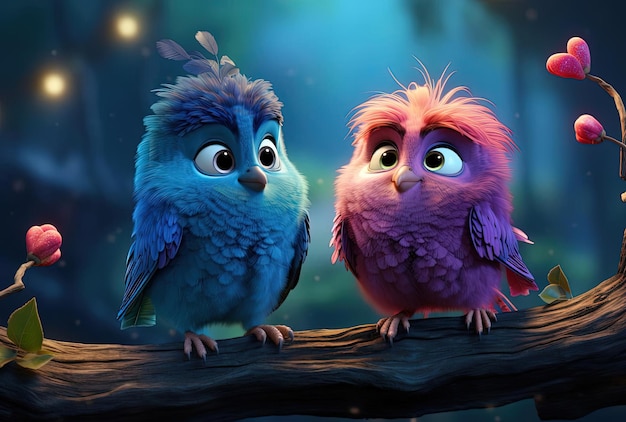 Los fondos de los pájaros del amor en el estilo de personajes de dibujos animados caprichosos