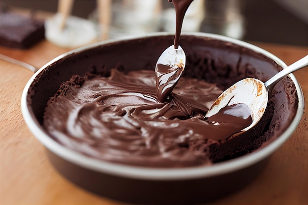 Foto fondue de chocolate líquido con dos cucharas en plato sobre mesa de madera