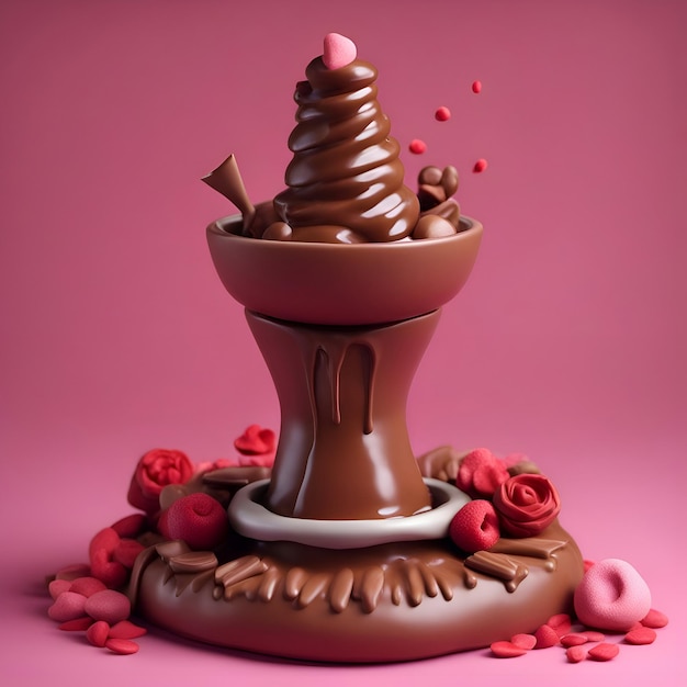 Fondue de chocolate com corações e rosas em um fundo rosa