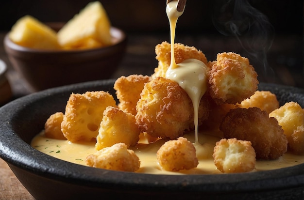 Fondue de queso con cuajada de queso panada y frita