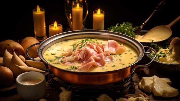 Fondue de queso francés Mont Dor con jamón y patata