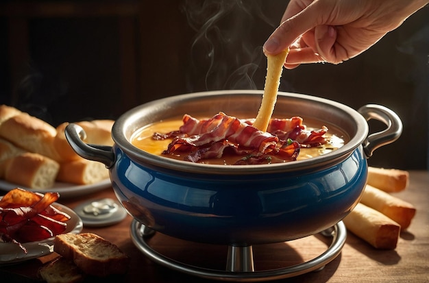 Fondue-Topf mit Brotstäbchen und Speck