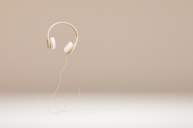 Fone de ouvido bege isolado em fundo pastel conceito mínimo de música renderização em 3D