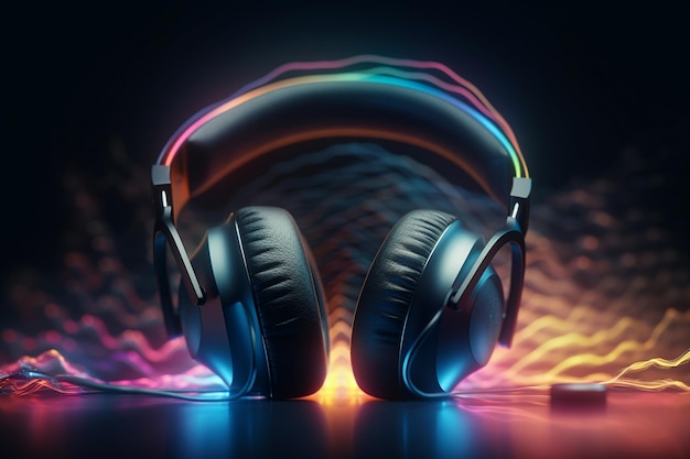 Fone de ouvido com fundo futurista de onda de espectro de áudio Fundo abstrato de música Generative AI