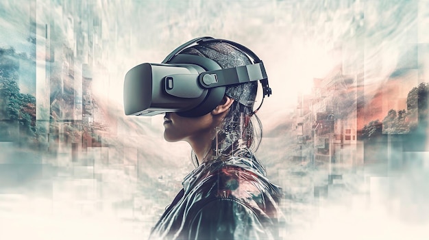 Fone de ouvido VR dupla exposição metaverso mundo virtual futurista estado de consciência Generative AI