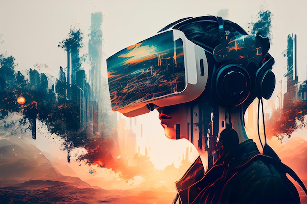 Fone de ouvido VR dupla exposição metaverso mundo virtual futurista tecnologia de estado de consciência Generative AI