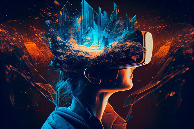 Fone de ouvido VR dupla exposição metaverso mundo virtual futurista tecnologia de estado de consciência Generative AI