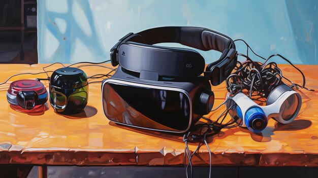 Fone de ouvido VR e controladores em uma pintura a óleo de mesa