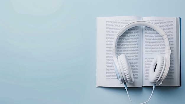 Fones de ouvido brancos descansando em um livro aberto com uma sobreposição azul macia