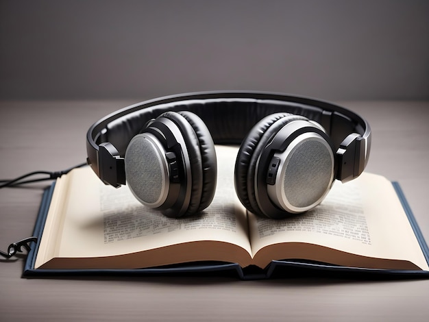 Fones de ouvido colocados sobre livros abertos conceito de audiolivros