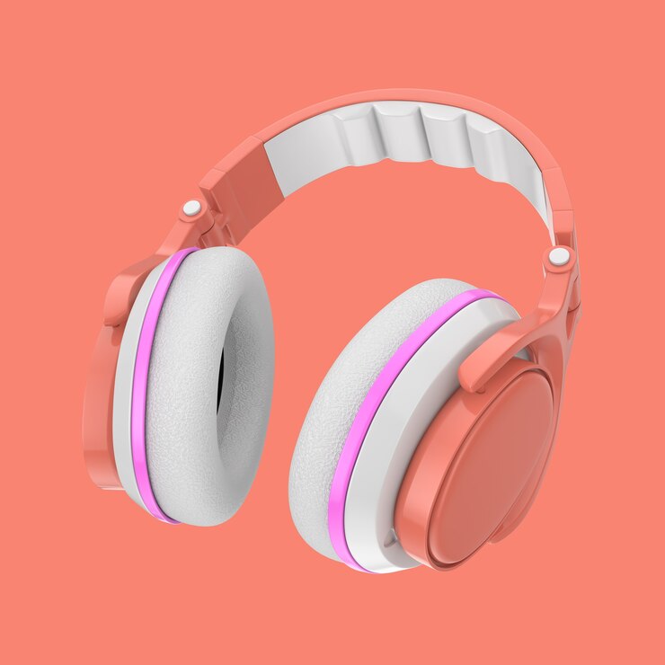 Foto fones de ouvido coloridos do divertimento moderno do adolescente em um fundo rosa. renderização 3d