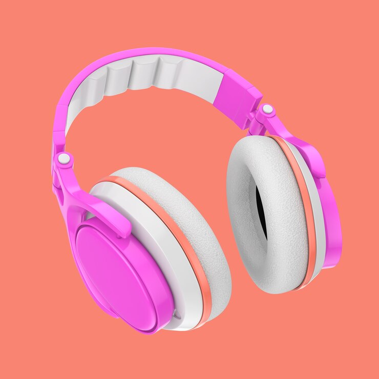 Foto fones de ouvido coloridos do divertimento moderno do adolescente em um fundo rosa. renderização 3d