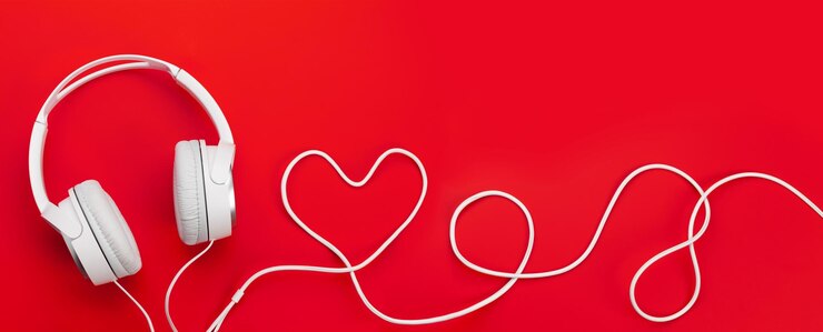 Fones de ouvido com cabo em forma de coração sobre fundo vermelho Música de amor ou conceito de dia dos namorados Vista superior plana com espaço de cópia