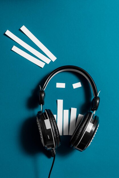 Foto fones de ouvido de áudio com conceito de espectro de áudio podcast de música criativa