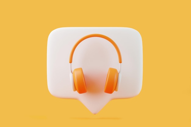 Fones de ouvido de desenho animado com mensagem de bolha de fala voando em fundo laranja ilustração de renderização 3D