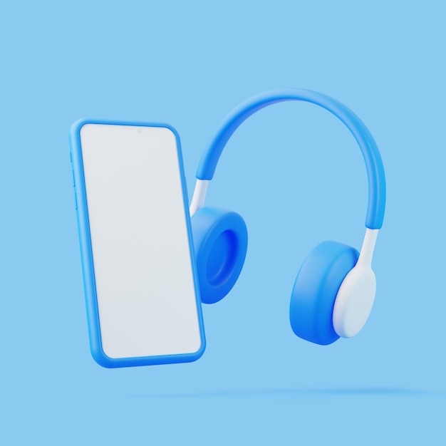 Fones de ouvido de desenho animado e smartphone voando em fundo azul Conceito criativo mínimo renderização 3D
