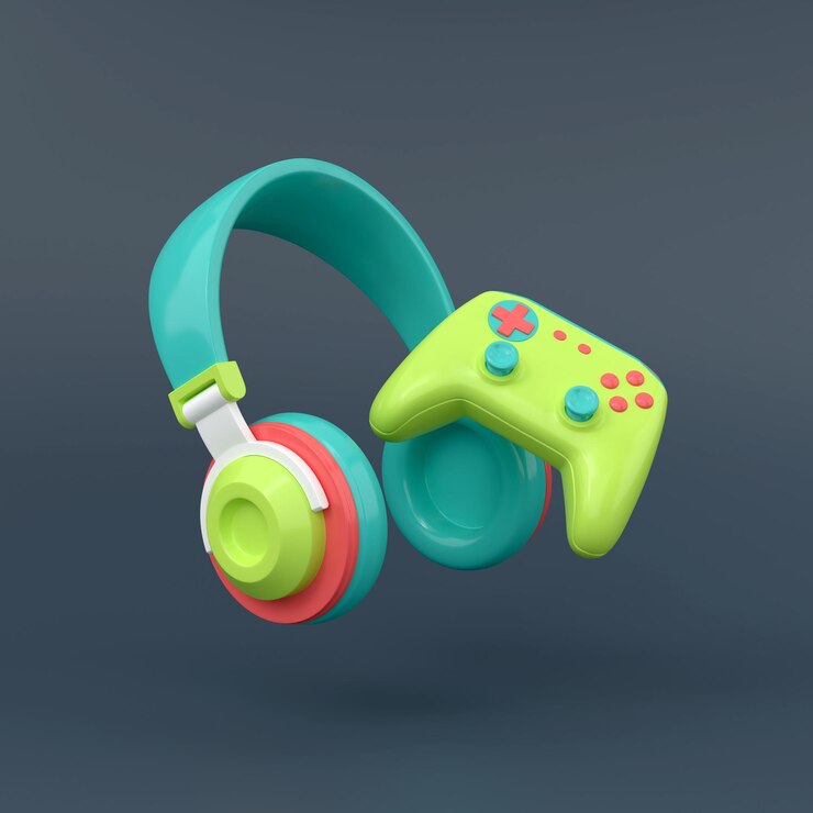 Fones de ouvido e joystick com colorido em uma ilustração de background3D escuro