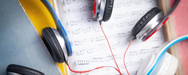 Fones de ouvido e livro na nota da música