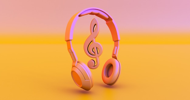 Fones de ouvido e notas - conceito de música. Renderização 3D