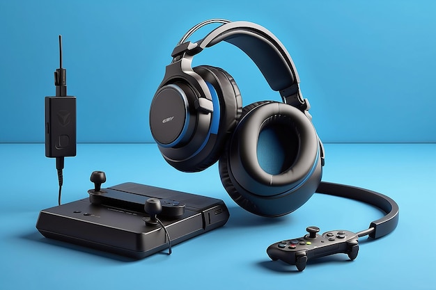 Fones de ouvido geypad padrão pretos e console de jogos no fundo em um fundo azul renderização 3D
