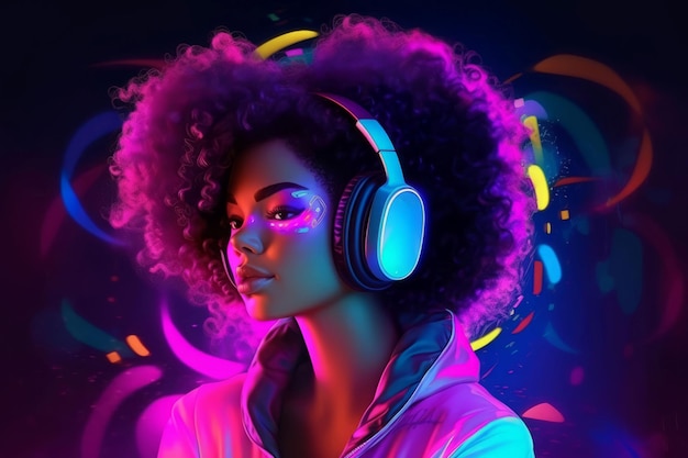 Fones de ouvido neon mulher negra Pessoa luz Gerar Ai