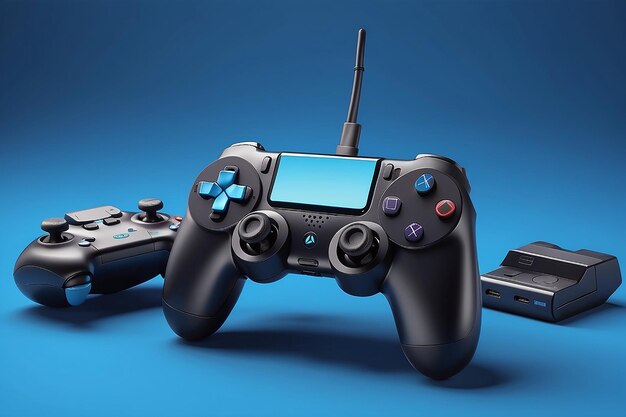 Fones de ouvido padrão de videogame e console de jogo pretos em um fundo de gradiente azul