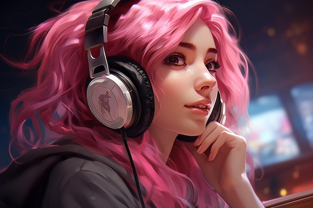 Fones de ouvido para jogos de cabelo rosa de menina bonita