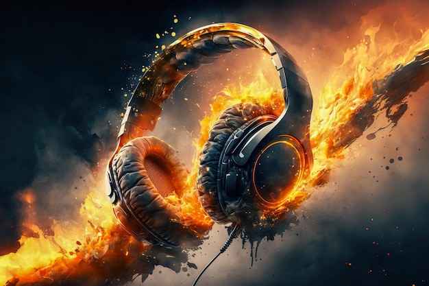 Fones de ouvido para jogos explodindo com fogo e fumaça Generative AI