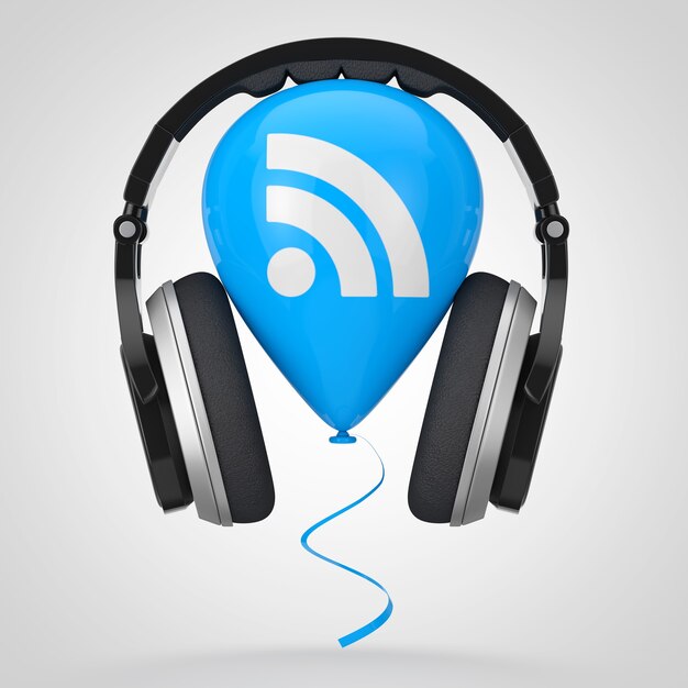 Foto fones de ouvido por balão com ícone de logotipo de podcast rss em um fundo branco. renderização 3d