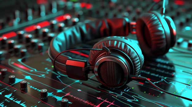 Foto fones de ouvido pretos em um mixador de dj com luzes vermelhas e azuis ao fundo