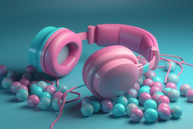 Fones de ouvido rosa em um fundo azul Conceito de música