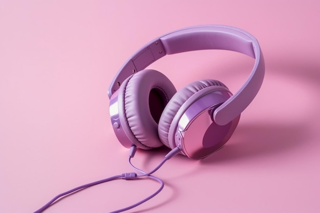 Fones de ouvido roxos em fundo rosa Conceito de música Vista superior