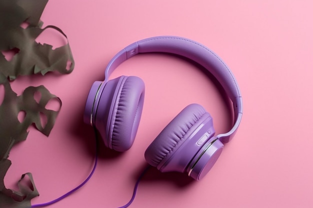 Fones de ouvido roxos em fundo rosa Conceito de música Vista superior